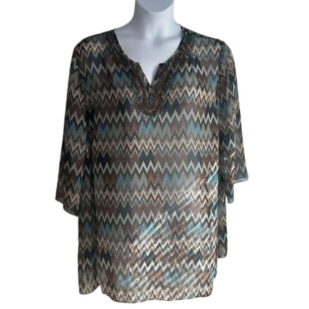 Maggie Barnes For Catherines‎ Women Size 2X Zigzag Blue Brown Boho Mesh Blouse